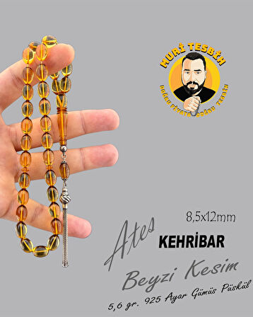 MURİ TESBİH 5,8 GR 925 AYAR GÜMÜŞ PÜSKÜL ATEŞ KEHRİBAR BEYZİ KESİM 8,50X12