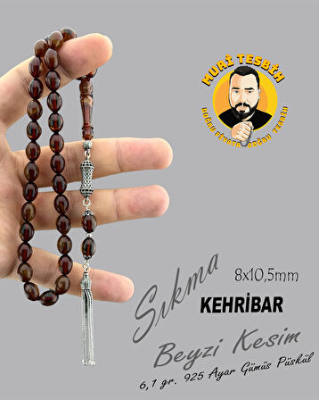 6,1 GR 925 AYAR GÜMÜŞ PÜSKÜL SIKMA KEHRİBAR BEYZİ KESİM 8X10,50
