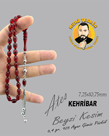 6,4 GR 925 AYAR GÜMÜŞ PÜSKÜL ATEŞ KEHRİBAR BEYZİ KESİM 7,25X10,75