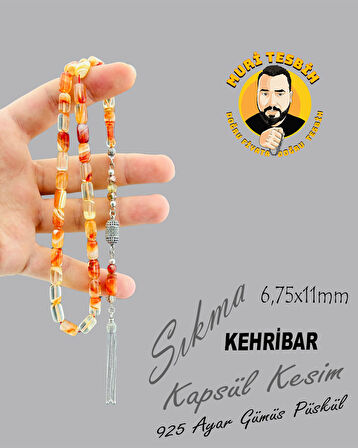 925 AYAR GÜMÜŞ PÜSKÜL SIKMA KEHRİBAR KAPSÜL KESİM 6,75X11