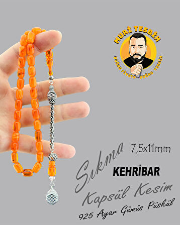 925 AYAR GÜMÜŞ PÜSKÜL SIKMA KEHRİBAR KAPSÜL KESİM 7,50X11