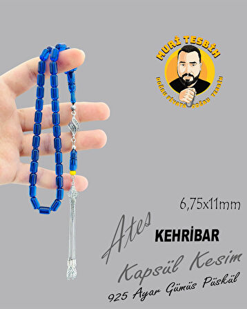 925 AYAR GÜMÜŞ PÜSKÜLLÜ ATEŞ KEHRİBAR KAPSÜL KESİM 6,75X11