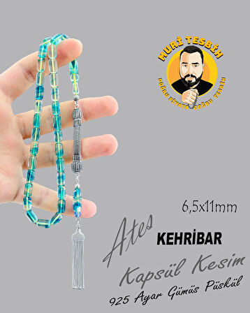 925 AYAR GÜMÜŞ PÜSKÜLLÜ ATEŞ KEHRİBAR KAPSÜL KESİM 6,50X11
