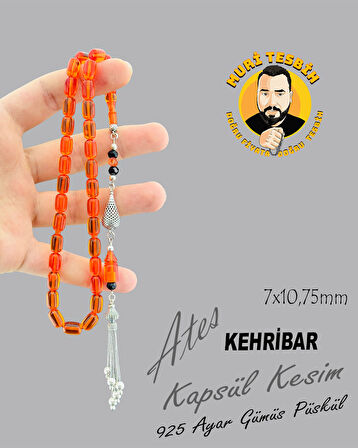 925 AYAR GÜMÜŞ PÜSKÜLLÜ ATEŞ KEHRİBAR KAPSÜL KESİM 7X10,75