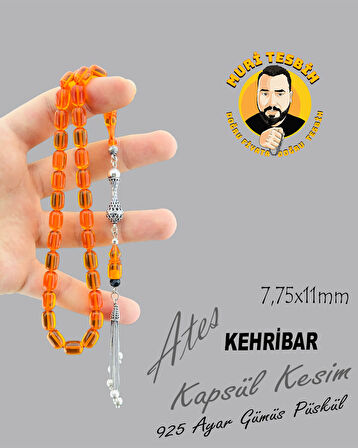 925 AYAR GÜMÜŞ PÜSKÜLLÜ ATEŞ KEHRİBAR KAPSÜL KESİM 7,75X11