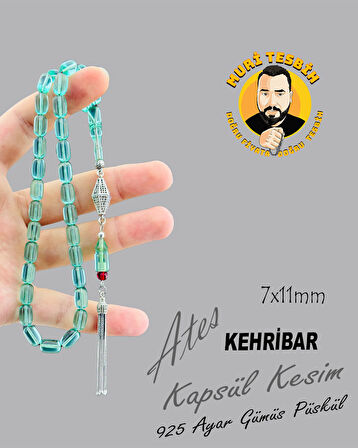 925 AYAR GÜMÜŞ PÜSKÜLLÜ ATEŞ KEHRİBAR KAPSÜL KESİM 7X11