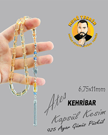925 AYAR GÜMÜŞ PÜSKÜLLÜ ATEŞ KEHRİBAR KAPSÜL KESİM 6,75X11