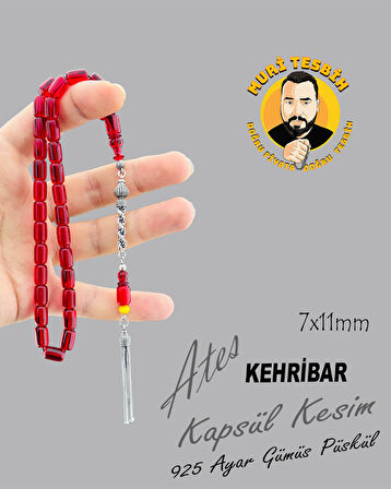 925 AYAR GÜMÜŞ PÜSKÜLLÜ ATEŞ KEHRİBAR KAPSÜL KESİM 7X11