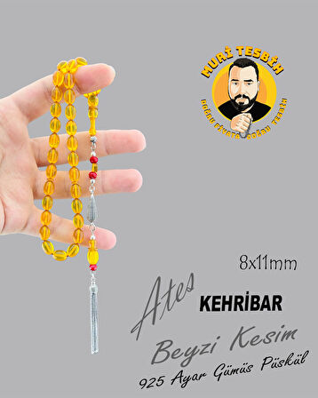 925 AYAR GÜMÜş PÜSKÜL ATEŞ KEHRİBAR BEYZİ KESİM 8X11