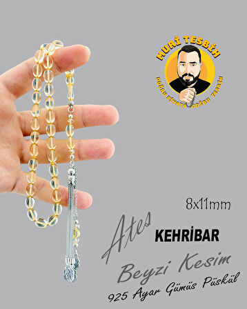 925 AYAR GÜMÜş PÜSKÜL ATEŞ KEHRİBAR BEYZİ KESİM 8X11