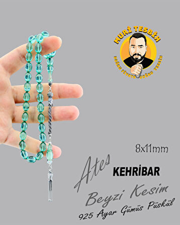 925 AYAR GÜMÜş PÜSKÜL ATEŞ KEHRİBAR BEYZİ KESİM 8X11