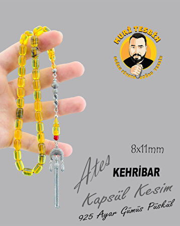 925 AYAR GÜMÜŞ PÜSKÜL ATEŞ KEHRİBAR KAPSÜL KESİM 8X11
