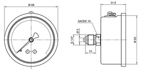 Pakkens 0-2.5 Bar 63 mm Arkadan Bağlantılı Gliserinli Manometre G 1/4 inç