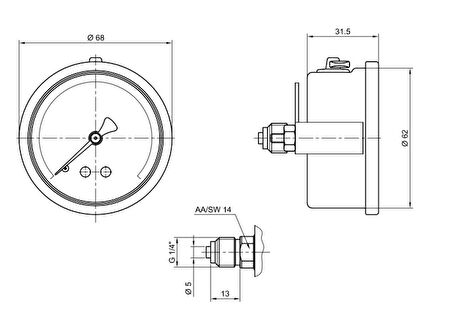 Pakkens 0-2.5 Bar 63 mm Arkadan Bağlantılı Panotipi Gliserinli Manometre G 1/4 inç