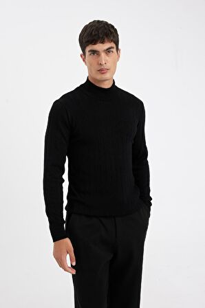 DeFacto Standart Fit Normal Kesim Yarım Balıkçı Yaka Jakarlı Triko Kazak D2943AX24AUBK27