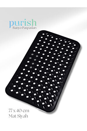 Purish | Banyo Duş İçin Vantuzlu Kaydırmaz, Su Drenajlı, Masaj Noktalı Paspas - Mat Siyah -70x40cm
