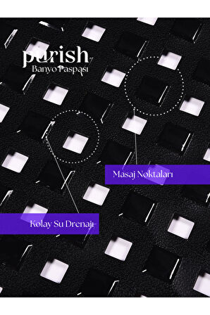 Purish | Banyo Duş İçin Vantuzlu Kaydırmaz, Su Drenajlı, Masaj Noktalı Paspas - Mat Siyah -70x40cm