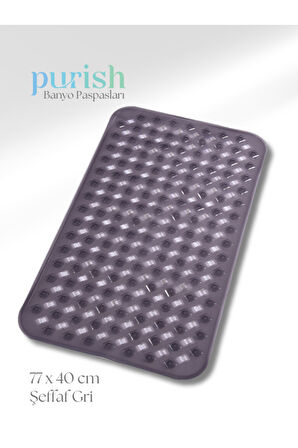 Purish | Banyo Duş İçin Vantuzlu Kaydırmaz, Su Drenajlı, Masaj Noktalı Paspas - Şeffaf Gri -70x40cm