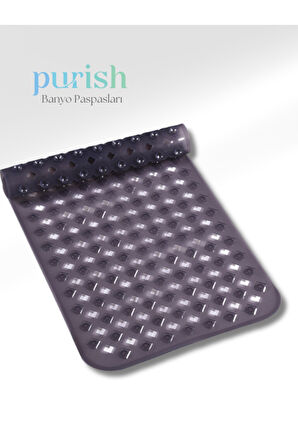 Purish | Banyo Duş İçin Vantuzlu Kaydırmaz, Su Drenajlı, Masaj Noktalı Paspas - Şeffaf Gri -70x40cm