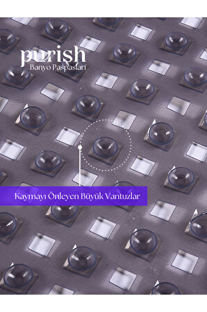 Purish | Banyo Duş İçin Vantuzlu Kaydırmaz, Su Drenajlı, Masaj Noktalı Paspas - Şeffaf Gri -70x40cm