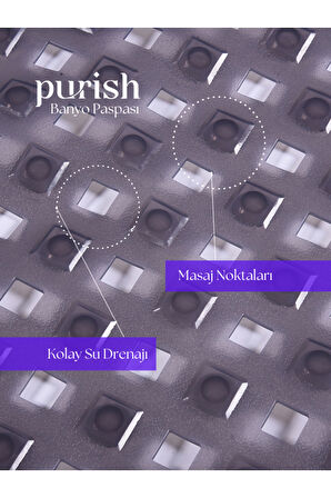 Purish | Banyo Duş İçin Vantuzlu Kaydırmaz, Su Drenajlı, Masaj Noktalı Paspas - Şeffaf Gri -70x40cm