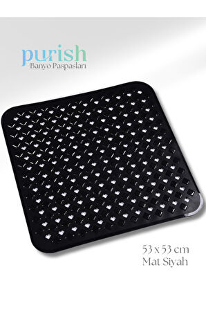 Purish | Banyo Duş İçin Vantuzlu Kaydırmaz, Su Drenajlı, Masaj Noktalı Paspas - Mat Siyah -53x53cm