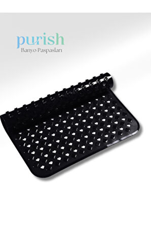 Purish | Banyo Duş İçin Vantuzlu Kaydırmaz, Su Drenajlı, Masaj Noktalı Paspas - Mat Siyah -53x53cm