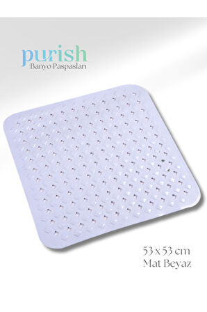 Purish | Banyo Duş İçin Vantuzlu Kaydırmaz, Su Drenajlı, Masaj Noktalı Paspas - Mat Beyaz -53x53cm