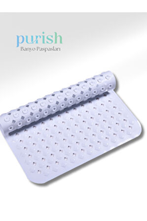 Purish | Banyo Duş İçin Vantuzlu Kaydırmaz, Su Drenajlı, Masaj Noktalı Paspas - Mat Beyaz -53x53cm
