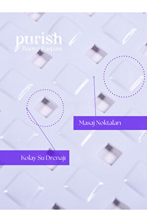 Purish | Banyo Duş İçin Vantuzlu Kaydırmaz, Su Drenajlı, Masaj Noktalı Paspas - Mat Beyaz -53x53cm