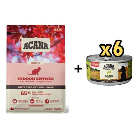 Acana Indoor Entree Hairball Control Tavuklu ve Hindili Kısırlaştırılmış Kedi Maması 4,5kg + 6 Adet Acana Premium Kuzulu Ezme Kedi Konservesi 85 gr