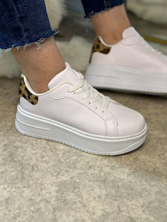Günlük Kadın Sneaker Bağcıklı Hafif Kalın Yüksek Tabanlı Leopar Detaylı Yürüyüş Spor Ayakkabı 065
