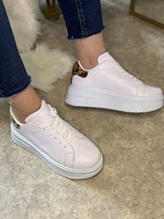 Günlük Kadın Sneaker Bağcıklı Hafif Kalın Yüksek Tabanlı Leopar Detaylı Yürüyüş Spor Ayakkabı 065