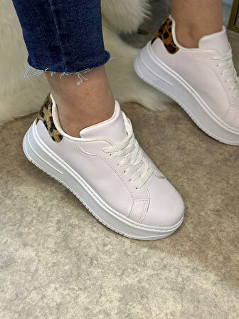 Günlük Kadın Sneaker Bağcıklı Hafif Kalın Yüksek Tabanlı Leopar Detaylı Yürüyüş Spor Ayakkabı 065