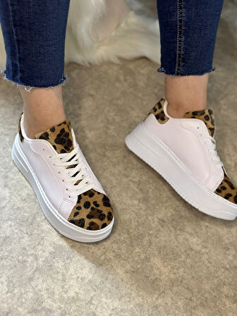 Günlük Kadın Sneaker Bağcıklı Hafif Kalın Yüksek Tabanlı Leopar Detaylı Yürüyüş Spor Ayakkabı 065