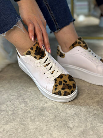 Günlük Kadın Sneaker Bağcıklı Hafif Kalın Yüksek Tabanlı Leopar Detaylı Yürüyüş Spor Ayakkabı 065
