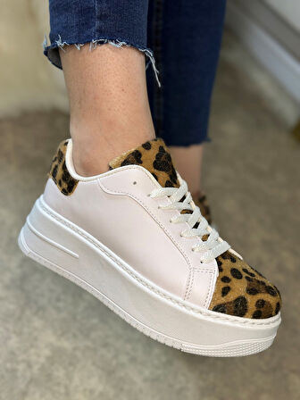 Günlük Kadın Sneaker Bağcıklı Hafif Kalın Yüksek Tabanlı Leopar Detaylı Yürüyüş Spor Ayakkabı 065