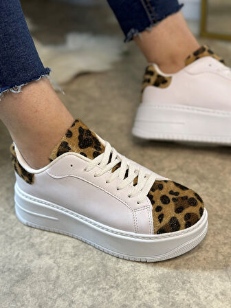 Günlük Kadın Sneaker Bağcıklı Hafif Kalın Yüksek Tabanlı Leopar Detaylı Yürüyüş Spor Ayakkabı 065
