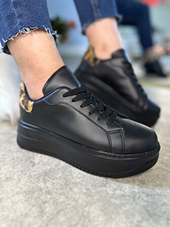 Günlük Kadın Sneaker Bağcıklı Hafif Kalın Yüksek Tabanlı Leopar Detaylı Yürüyüş Spor Ayakkabı 065