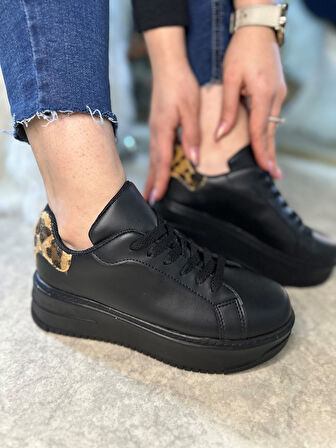 Günlük Kadın Sneaker Bağcıklı Hafif Kalın Yüksek Tabanlı Leopar Detaylı Yürüyüş Spor Ayakkabı 065