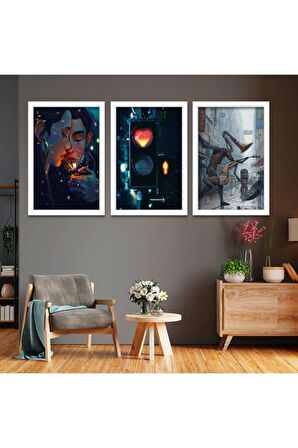 GÜMÜŞ AYNALI PLEKSİ ÇERÇEVELİ MİNİMALİST SİYAH ALTIN SARISI PALMİYE DESENLİ SOYUT ÇİZİM TABLO