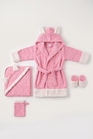 Özel Bez Keseli - Polar Figürlü Pembe Bebek Bornoz Seti, 4 Parça (Bornoz, Kundak, Kese, Terlik)