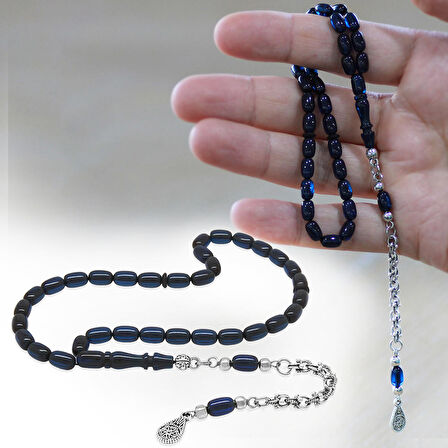 Kararmaz Metal Arnavut Zincir Püsküllü Kapsül Kesim Lacivert Bilek Boy Sıkma Kehribar Tesbih