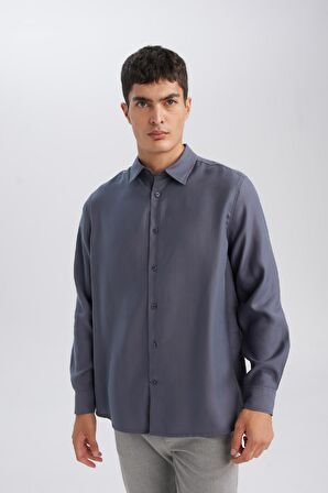 DeFacto Relax Fit Polo Yaka Twill Modal Karışımlı Basic Düz Uzun Kollu Gömlek D3376AX24AUAR174