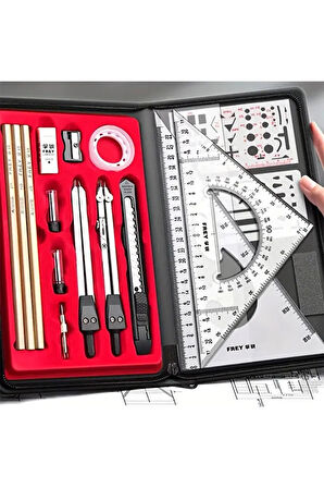 Çizim seti, mühendislik, mimarlık, mekanik, pergel, açı ölçer, cetveller-çantalı set