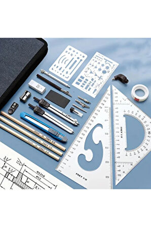 Çizim seti, mühendislik, mimarlık, mekanik, pergel, açı ölçer, cetveller-çantalı set