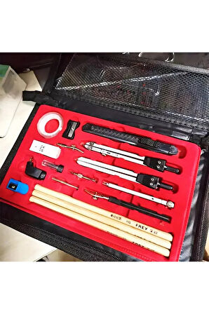 Çizim seti, mühendislik, mimarlık, mekanik, pergel, açı ölçer, cetveller-çantalı set
