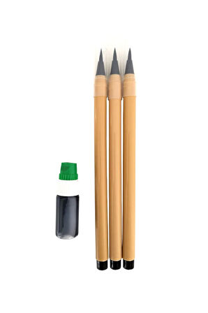 Fırça Uçlu Mürekkep dolumlu, Brush Pen, Kurt Kılı, Hazneli, Siyah-Çini, Seramik tahrir fırçası 3 Ad