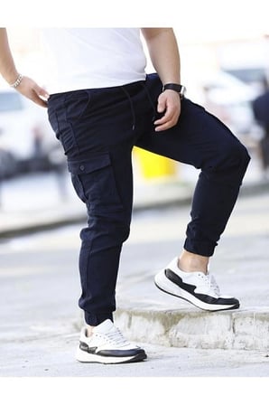 likralı beli ve paçası lastikli lacivert kargo pantolon