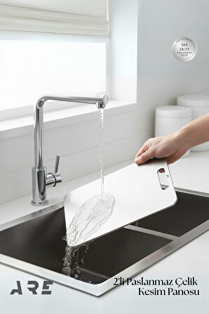 2'li Paslanmaz Çelik Kesme Doğrama Tahtası Seti–Gıda Temasına Uygun,